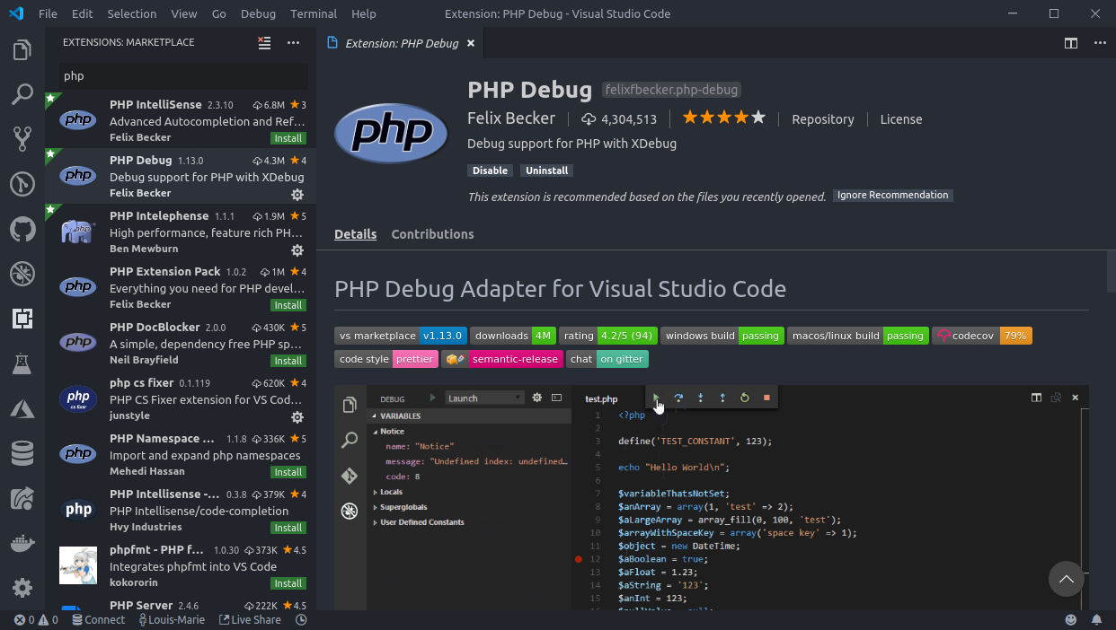 Install php extensions. Visual Studio code. Vs code php. Visual Studio php. Microsoft Visual Studio php.