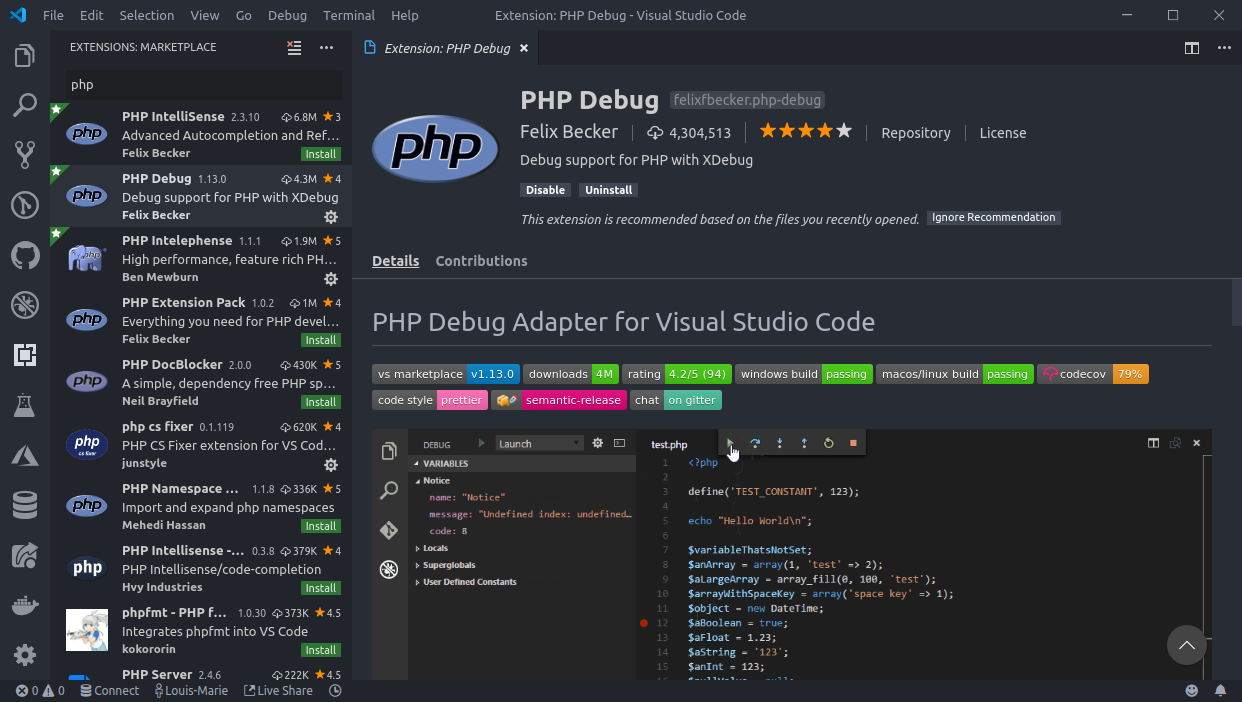 vs code extension for php